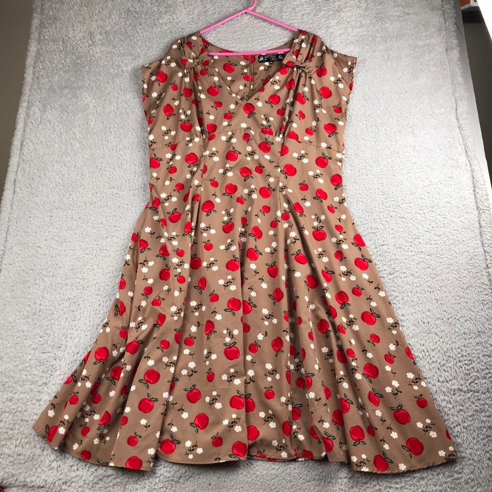 Hell Bunny Vixen Dress Womens 3XL Brown Apple Flower Retro Rockabilly Pin Up - Picture 2 of 11